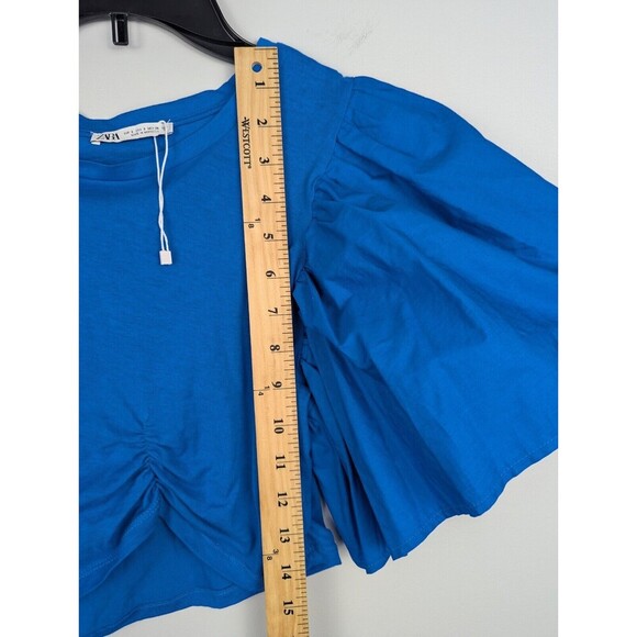 ZARA Women Cobalt Blue Exaggerated Sleeve Crop Top S Short Puff Sleeve Rouched - Picture 9 of 10